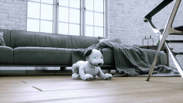 istock small funny robotic smart dog wakes up in the room. 3d rendering. 2084907580