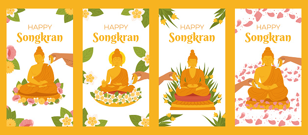 Songkran, Buddha water ceremony. Hand Pouring water the monk sculpture. Thailand New Year. Vector Vertical social media Story Stories template in flat style for celebrating.