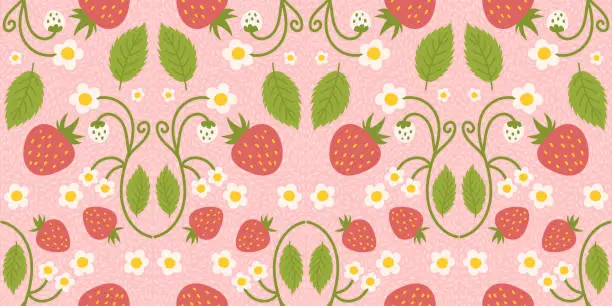 Vector illustration of Seamless pattern design showcasing strawberries, sweet berries, flowers, green foliage. Recurrent surface design suitable for kitchen clothing, fabrics, gift wrapping, and other applications.