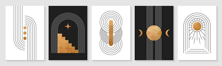 Zen arch posters. Modern boho linear geometric shapes, minimal simple figures. Vector set of covers, minimalist abstract wall art contemporary elements, golden sun and moon in trendy bohemian style.