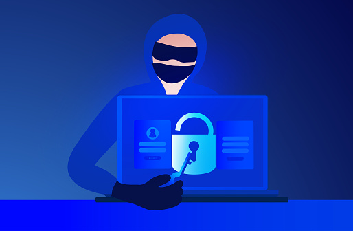 Hacker crime attack and personal data security, PDPA concept. Hacker try to unlock the key on computer and phishing account, stealing password. cyber security, security system and Internet crime