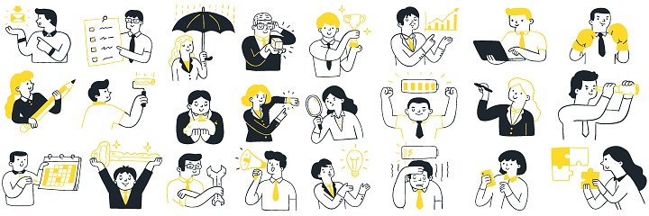 Cute character illustration of businesspeople with various objects and business concept. Outline, linear, thin line art, hand drawn sketch design, simple style.