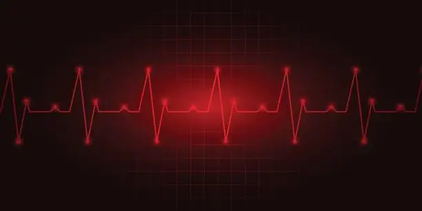Vector illustration of Heart rate cardiogram, heart rate indicators, EKG monitoring, electrocardiogram. The illustration is in red colors and the background is dark red with a grid.
