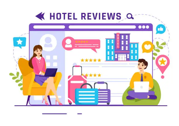 Vector illustration of Hotel Reviews Vector Illustration with Rating Service, User Satisfaction to Rated Customer, Product or Experience in Flat Cartoon Background