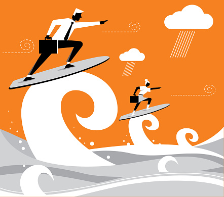 Business people surfing on wave