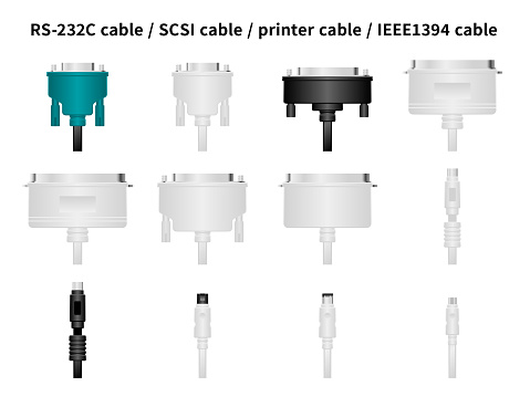 RS-232C cable, SCSI cable, printer cable, IEEE1394 cable illustration set.