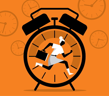 Businesswoman running away in clock. Control time. Vector illustration flat design