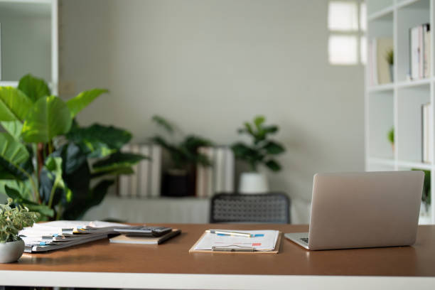 istock Empty workplace with desk and plant in office room, copy space. work from an atmospheric home office full of green plant 2085109376