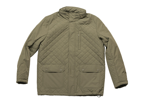 Buttoned green men's jacket insulated on a white background. Casual style.