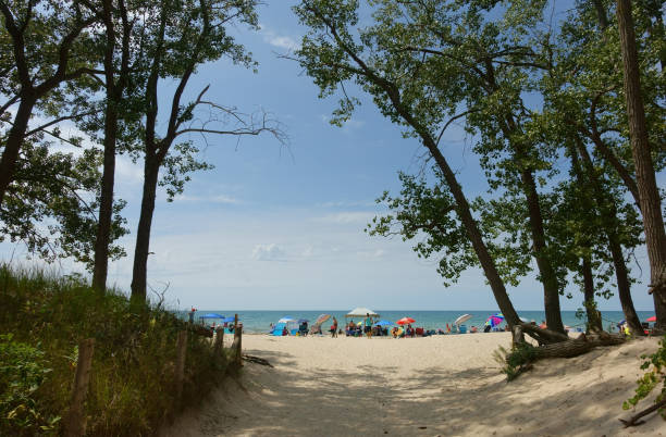 Beach of Sandbanks provincial park Canada, Picton - August 24, 2023: Access to the beach of Sandbanks provincial park, located on the northern shore of Lake Ontario sandbanks ontario stock pictures, royalty-free photos & images