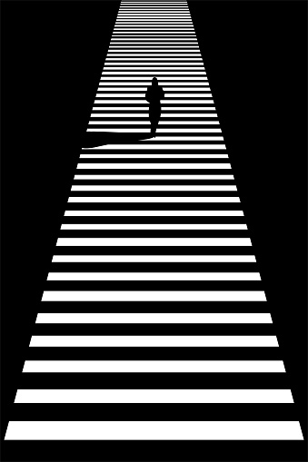 Traffic sign or symbol: black and white zebra crossing in a big city
