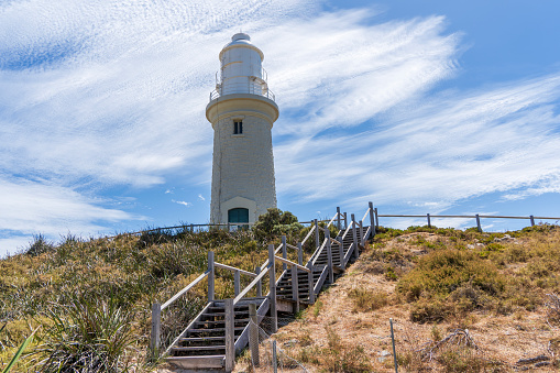 Red and whitr striped lighthouse and clear blue sky on island Sylt, Germany