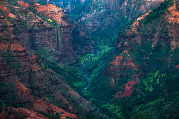 Waimea Canyon volcanic cliffs with vegetation.  River  gently winds its way down.