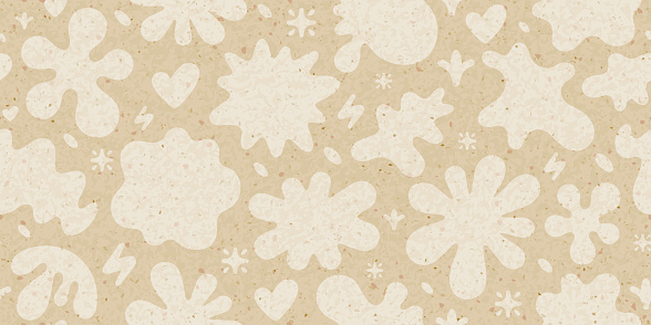 Flowers with rice paper texture seamless pattern. Background of old craft paper with floral and y2k shape. Asian handmade material, parchment for scrapbook or wrapping, flower vector illustration