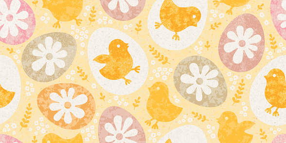 Easter pattern background. Egg, flower, chicken in y2k style. Yellow spring seamless vector in pastel colors with symbols of Easter. Abstract retro floral pattern with cute chickens and spring flowers