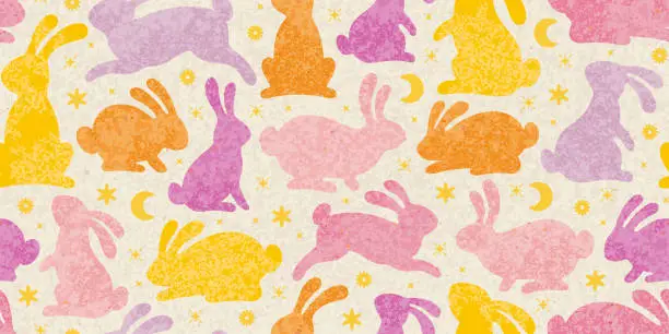 Vector illustration of Rabbit spring pattern. Star, moon, flower on craft rice paper background. Easter, Chinese New Year, Korean Mid Autumn seamless pattern. Cute pink yellow bunny silhouette. Vintage Easter rabbit design