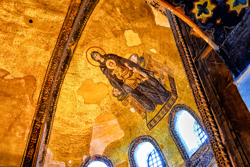 The mosaic depicting Mary and Christ in the interior of haghia Sophia, Istanbul, Turkey