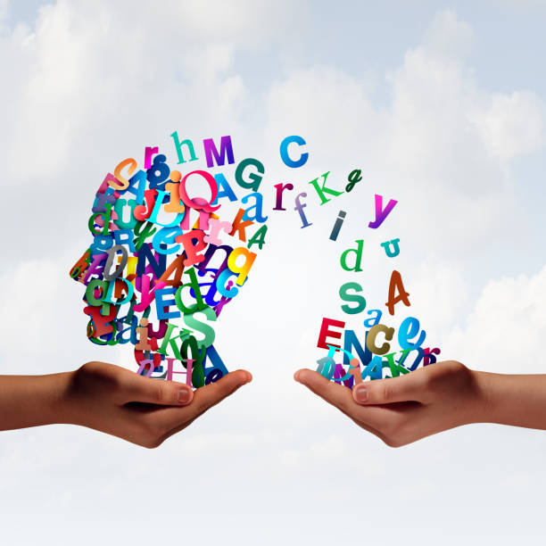 Teaching Language Teaching Language and literacy as an education and learning concept for speech and reading or writing in a 3D illustration style. creative writing class stock pictures, royalty-free photos & images