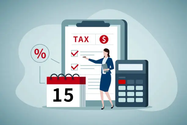 Vector illustration of Tax declaration concept, businesswoman filling tax form documents. Calculating for income tax return.