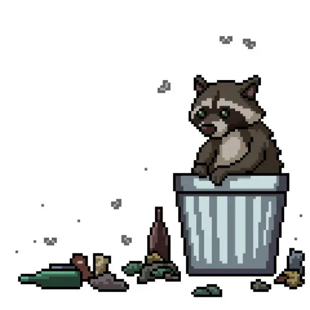 Vector illustration of pixel art of raccoon trash dirty