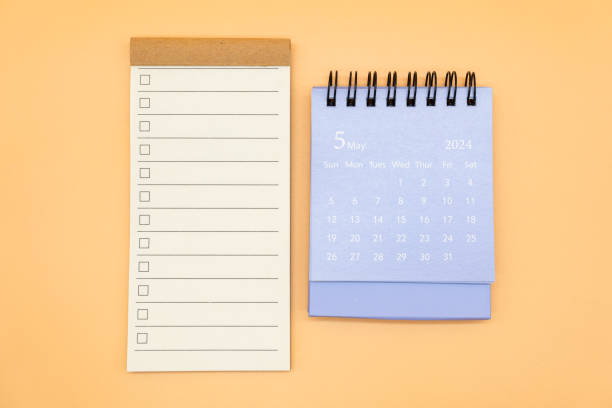 istock Blank to do list for text with checkbox and Simple desk calendar on MAY 2024. Empty Check list. Copy Space. isolated background. To do list in May 2024. 2085337212