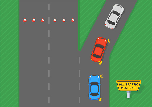 Safe driving tips and traffic regulation rules. Top view of a traffic flow on expressway. All traffic must exit sign area. Flat vector illustration template.