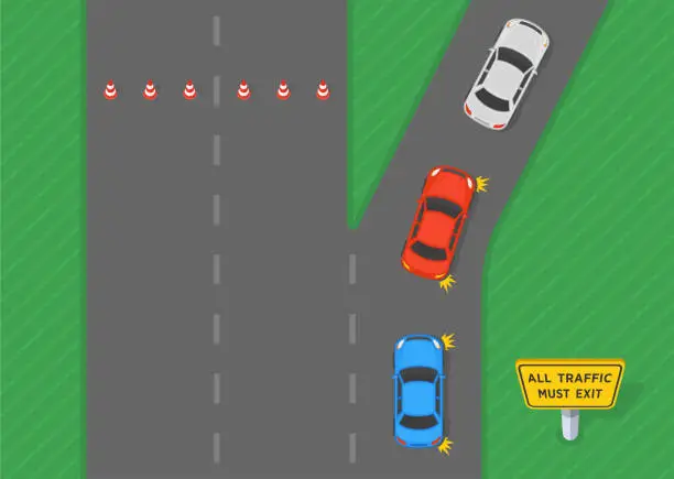 Vector illustration of Safe driving tips and traffic regulation rules. Top view of a traffic flow on expressway. All traffic must exit sign area. Vector illustration template.