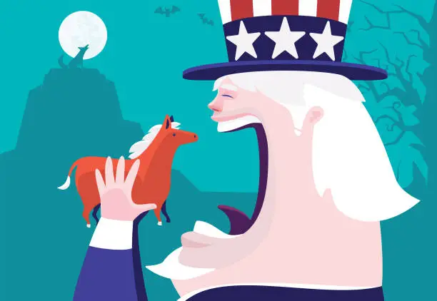 Vector illustration of fat Uncle Sam holding horse