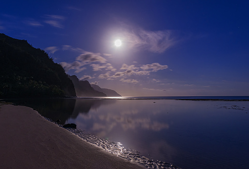 Kauai Ke'e Beach early dawn moonset.  Reflections on still waters