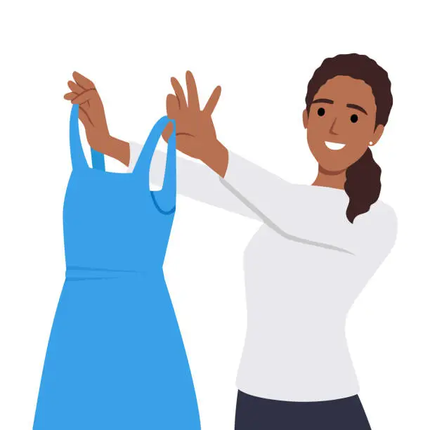 Vector illustration of Woman examines beautiful evening dress choosing outfit for going to ball or festive party.