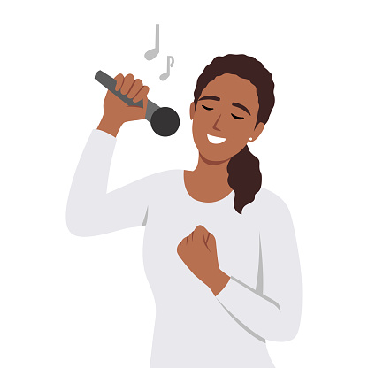 Woman sings in karaoke standing. Flat vector illustration isolated on white background