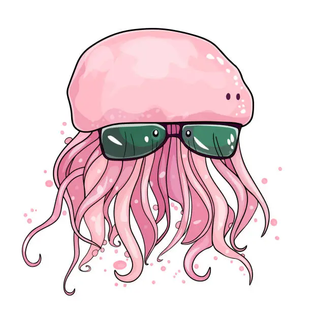 Vector illustration of Cute jellyfish. Beach animal. Medusa in sunglasses. Summer vibe. Isolated illustration