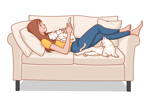 Woman lying comfortably on the sofa playing with her phone with her cat in the living room at home on white background illustration