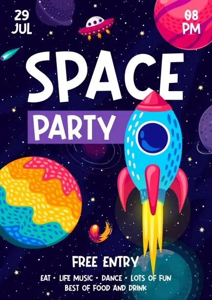 Vector illustration of Space party flyer, cartoon rocket, UFO spaceship