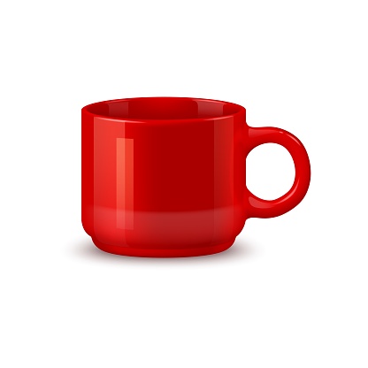 Red ceramic coffee mug and tea cup mockup, realistic tableware. isolated 3d vector vibrant sleek design with a glossy finish. Stylish low, wide bowl for hot drinks, perfect for brand identity or promo