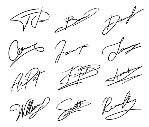 Autograph or business signature pack set Autograph or business signature pack set. Isolated vector handwritten signatures of fake persons. Name and surname scribbles for personal document, business contract, certificate or agreement sign stock illustrations