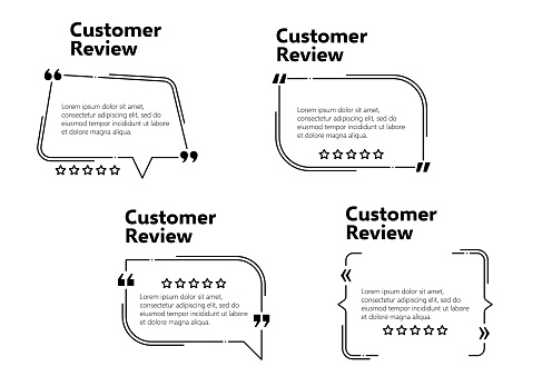 Testimony review templates, speech box layout of customer feedback, vector quote frames, Client testimony message templates, social media speech box with citation in quotation signs and rating stars