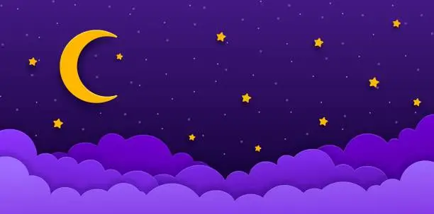 Vector illustration of Night sky paper cut with crescent moon and stars