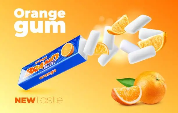 Vector illustration of Realistic orange fruit chewing gum, vector banner