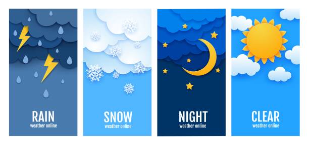 ilustrações, clipart, desenhos animados e ícones de banners de corte de papel meteorológico, chuva, sol, neve, nuvens - spring clear sky night summer