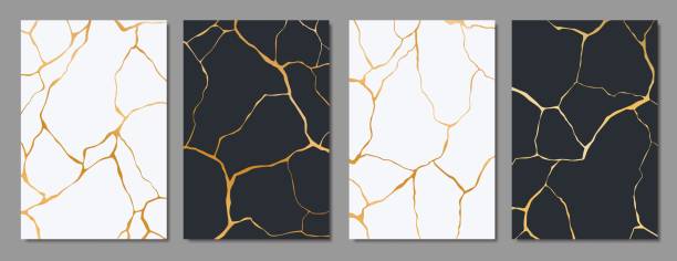 złote pęknięcia kintsugi, wzór tekstury marmuru - żyła stock illustrations