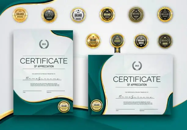 Vector illustration of Turquoise certificate diploma with golden seals