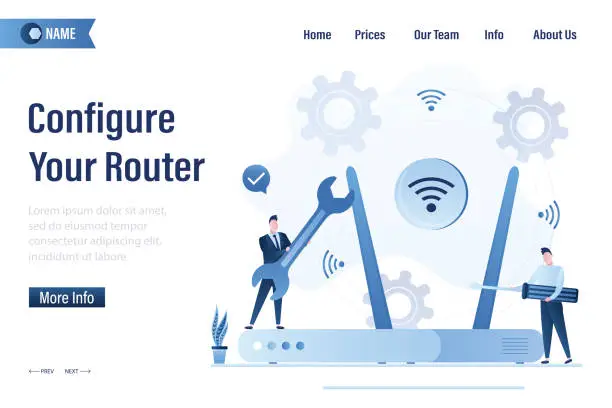 Vector illustration of Configure your router, landing page template. Smart people setup internet signal transmitter by guide. Wireless connection technology. Application development material. Router configuration.