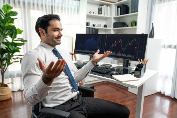 istock Trader analyzing in dynamic stock exchange investment screen on pc. Surmise. 2085448655
