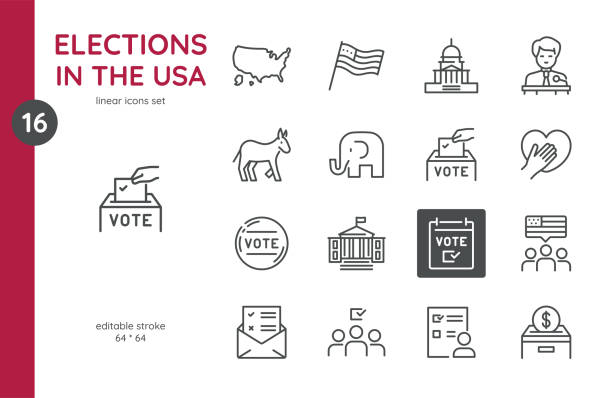 illustrations, cliparts, dessins animés et icônes de élections aux états-unis ensemble d’icônes. collections de symboles vectoriels et d’icônes isolées simples pour la politique des états-unis, le rassemblement électoral du président, les monuments américains, les drapeaux nationaux et les urnes - marking voting ballot election presidential election