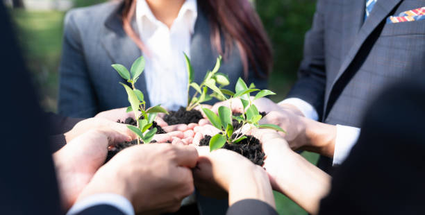 istock Business people holding plant or sprout together in unity as CSR commitment.Gyre 2085467453