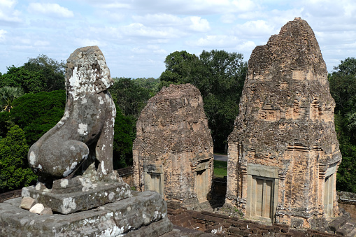 Lion statue at Pre Rup, a Hindu temple at Angkor, Cambodia, built as the state temple of Khmer king Rajendravarman.