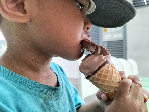 Young Boy Enjoying a Chocolate Ice Cream Cone on a Sunny Day