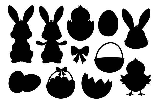 Easter set of silhouettes: rabbit, chicken, Easter eggs, bow, basket, vector isolated on white background, cute forms for die cutting craft, Easter cookie cutter shapes, gift tag, label, badge. Easter set of silhouettes: rabbit, chicken, Easter eggs, bow, basket, vector isolated on white background, cute forms for die cutting craft, Easter cookie cutter shapes, gift tag, label, badge bunny ear stock illustrations