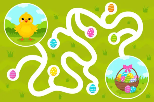 Vector illustration of Maze game for children. Help the Easter chicken collect all the eggs in the basket. Vector flat illustration for children. Labyrinth